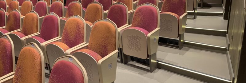 Stufenbeleuchtung im Theatersaal Treppenstufen mit schwarzen Stufenprofilen. Die Stufenkanten leuchten warm weiß.