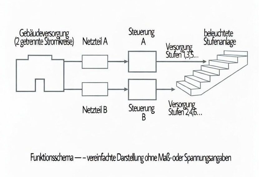 stufenbeleuchtung-funktionsschema-versammlungsstaette.png Funktionsschema einer Stufenbeleuchtung in Versammlungsstätten mit zwei getrennten Stromkreisen und wechselseitig versorgten Stufen zur sicheren Erkennbarkeit der Treppe.